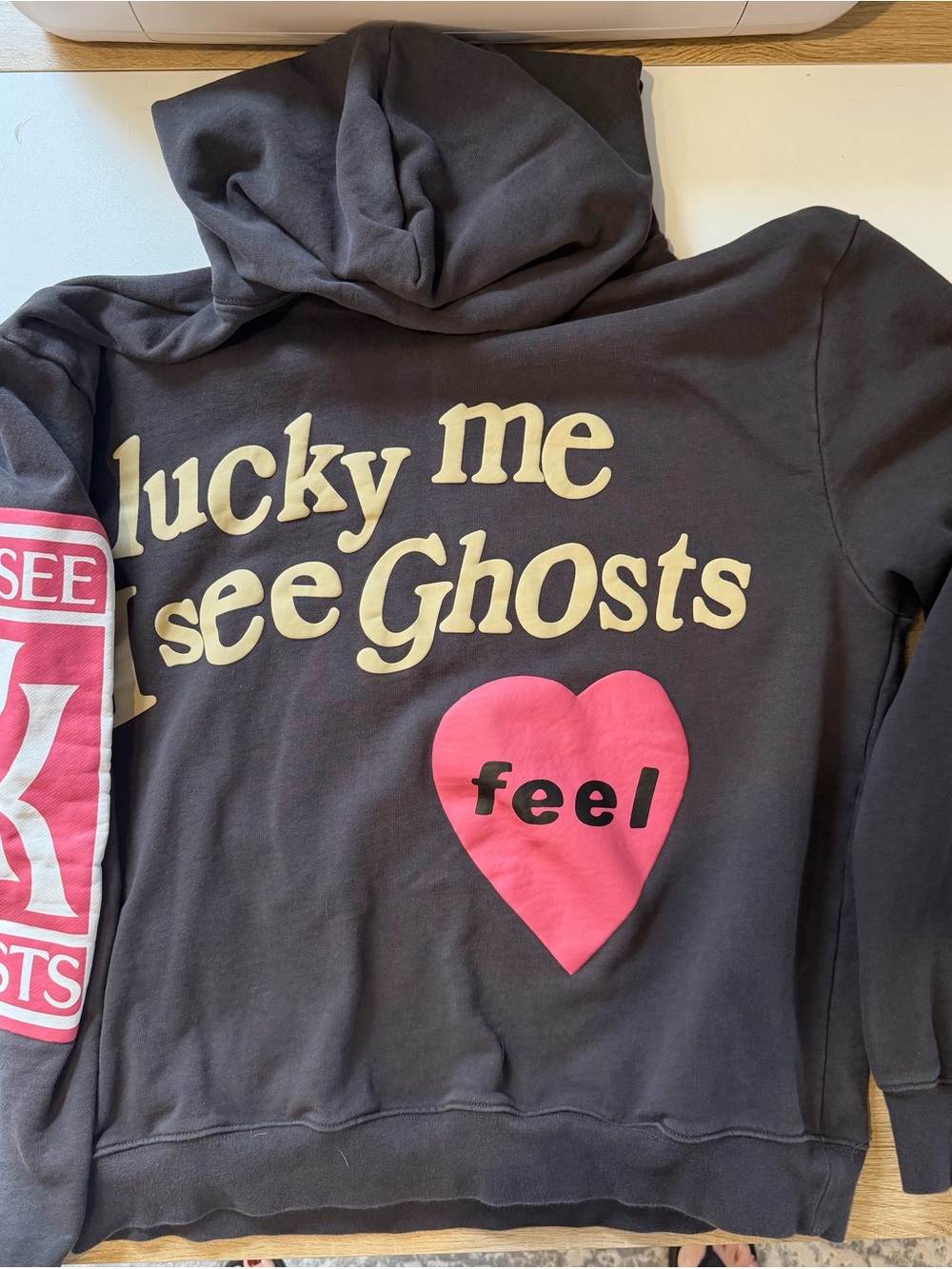 Unisex Gray Replica Kanye and Kid Cudi Hoodie with Pink Heart "feel" Graphic